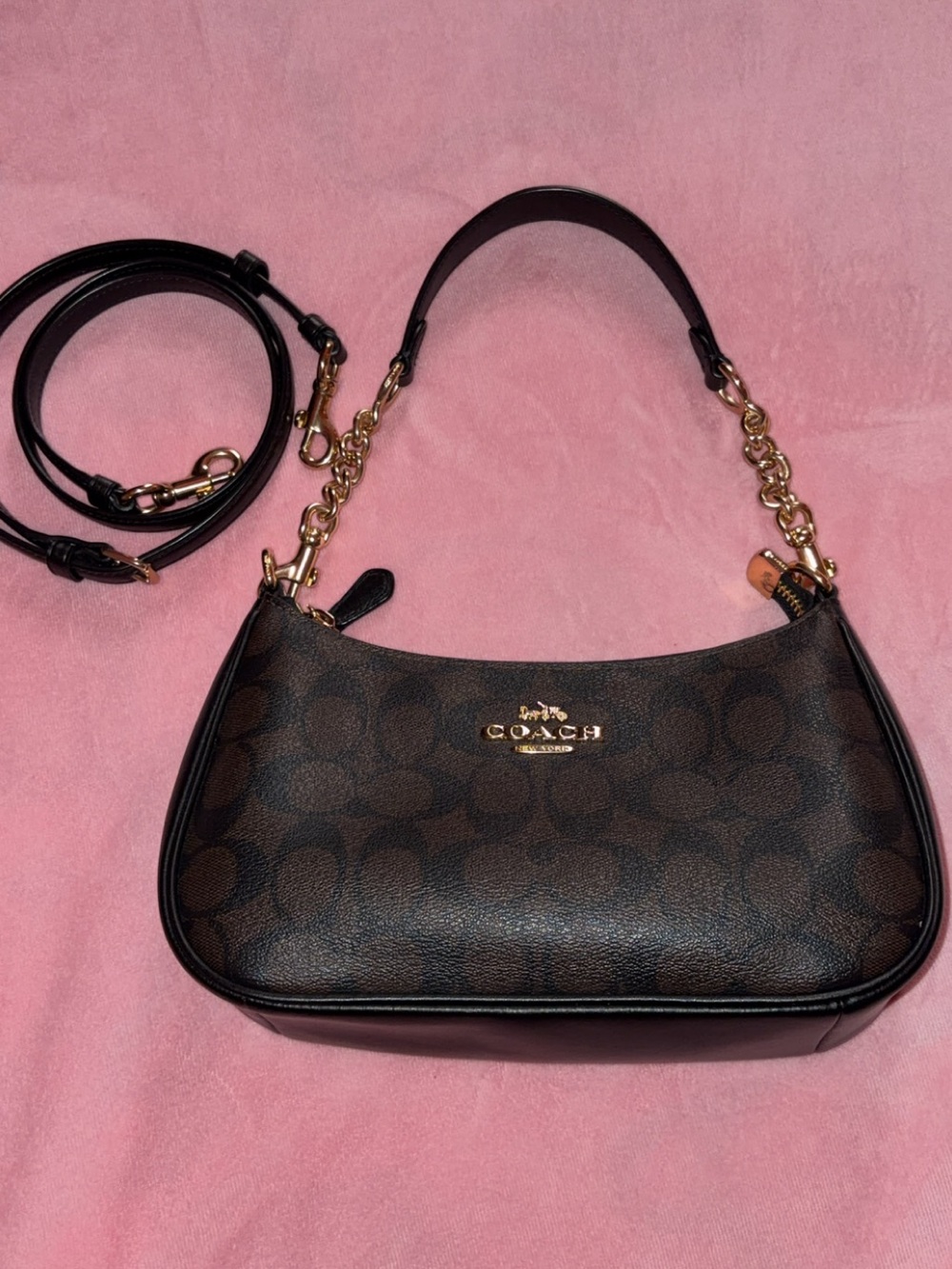 Coach Brown Signature Small Shoulder Bag with Gold Hardware